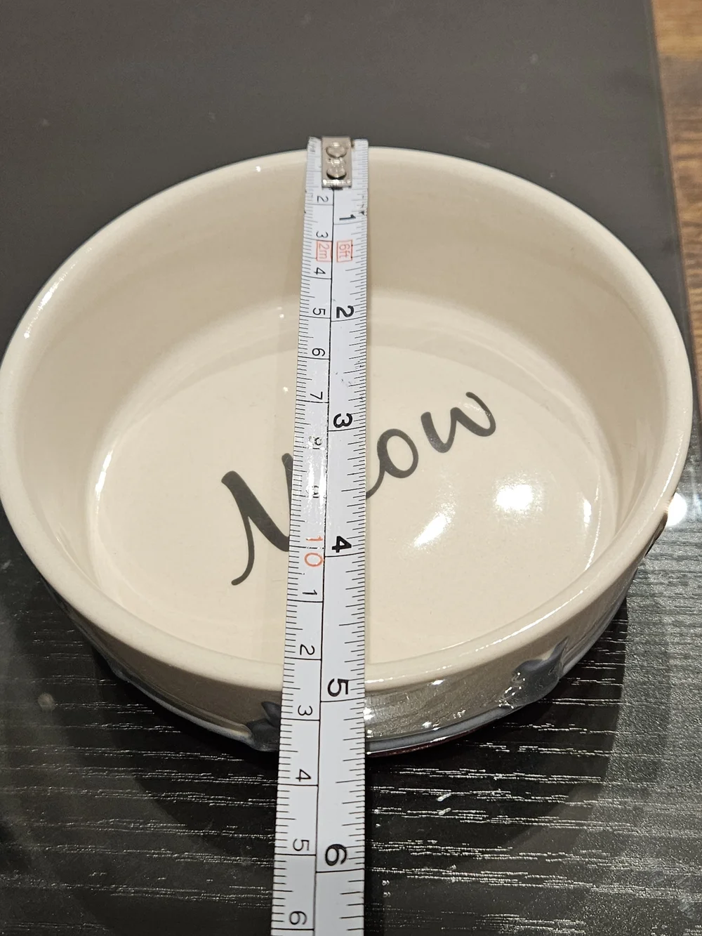 Cream Ceramic Cat Bowl with 'Meow' Text and Gray Cat Accents